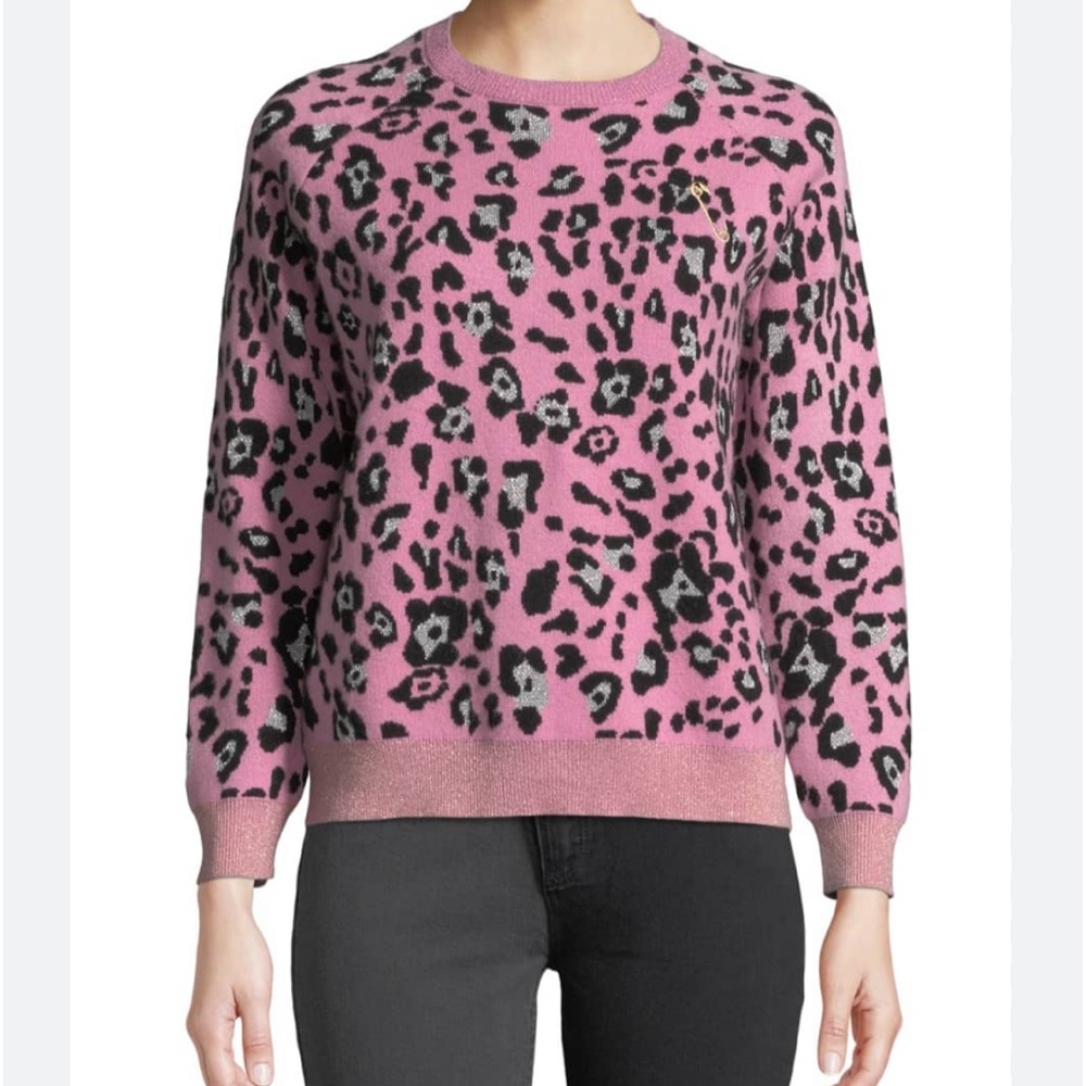 NWT REPLICA Los Angeles Pink Peony Leopard Metallic Sweater Cashmere Wool Small